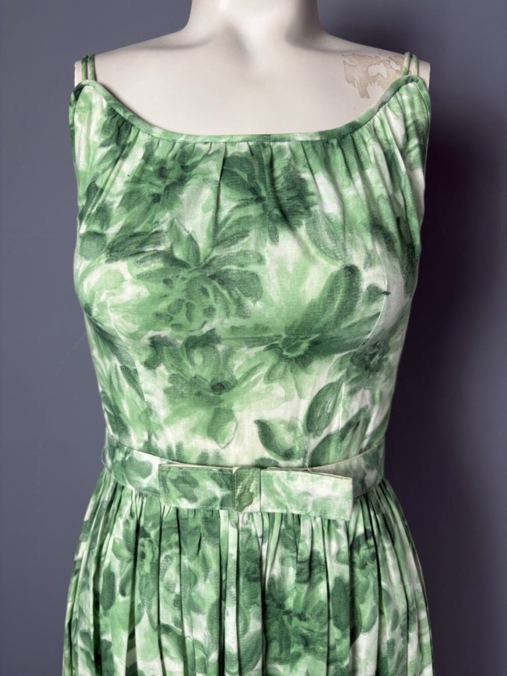 Vintage 1950s Womens XXS/00 Green Floral Belted Fit n Flare Dress Kay Juniors - Picture 3 of 14